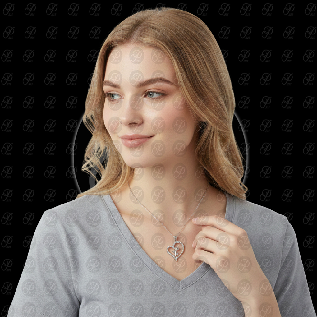 DIJE SILUETA CORAZON CON ROSA BLANCO